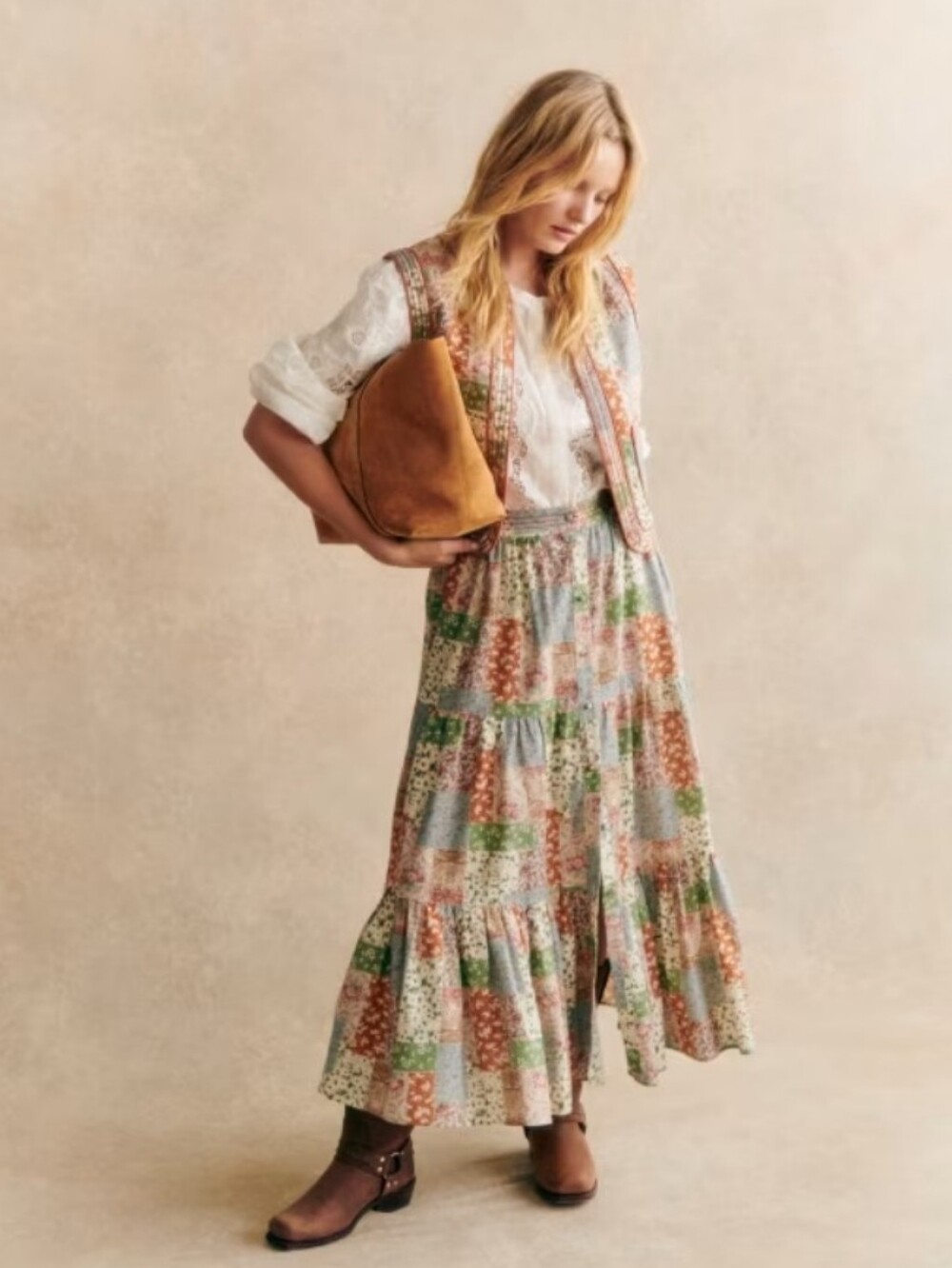 ISO Sezane Loffia Skirt In Flowers Patchwork Print